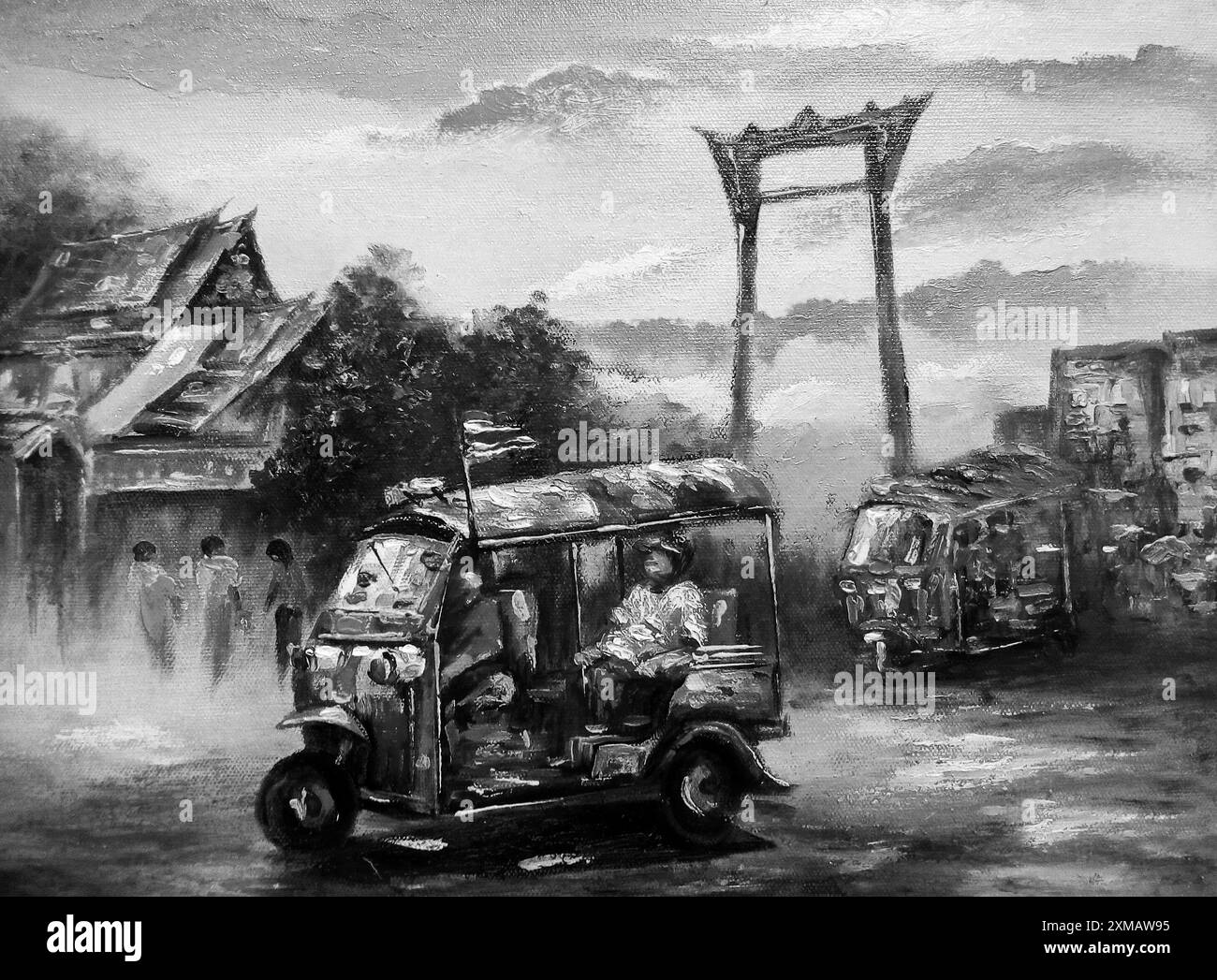 Noir et blanc art peinture à l'huile fine art thaïlande Tuk Tuk voiture Banque D'Images