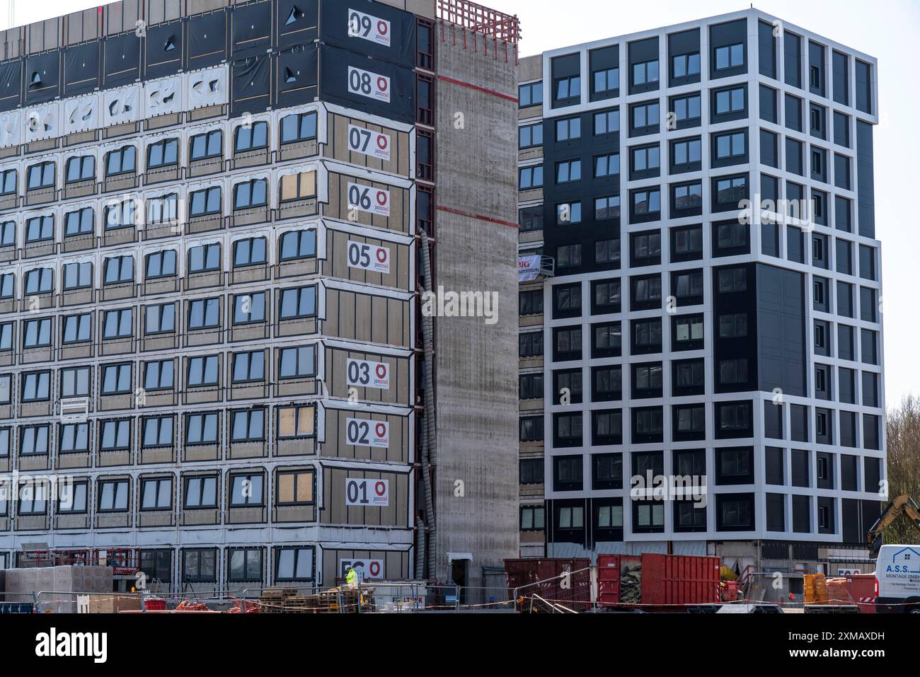 Site de construction du Campus communautaire, 737 appartements étudiants, chacun de 20 mètres carrés de taille, entièrement meublé, en construction modulaire, en utilisant Banque D'Images