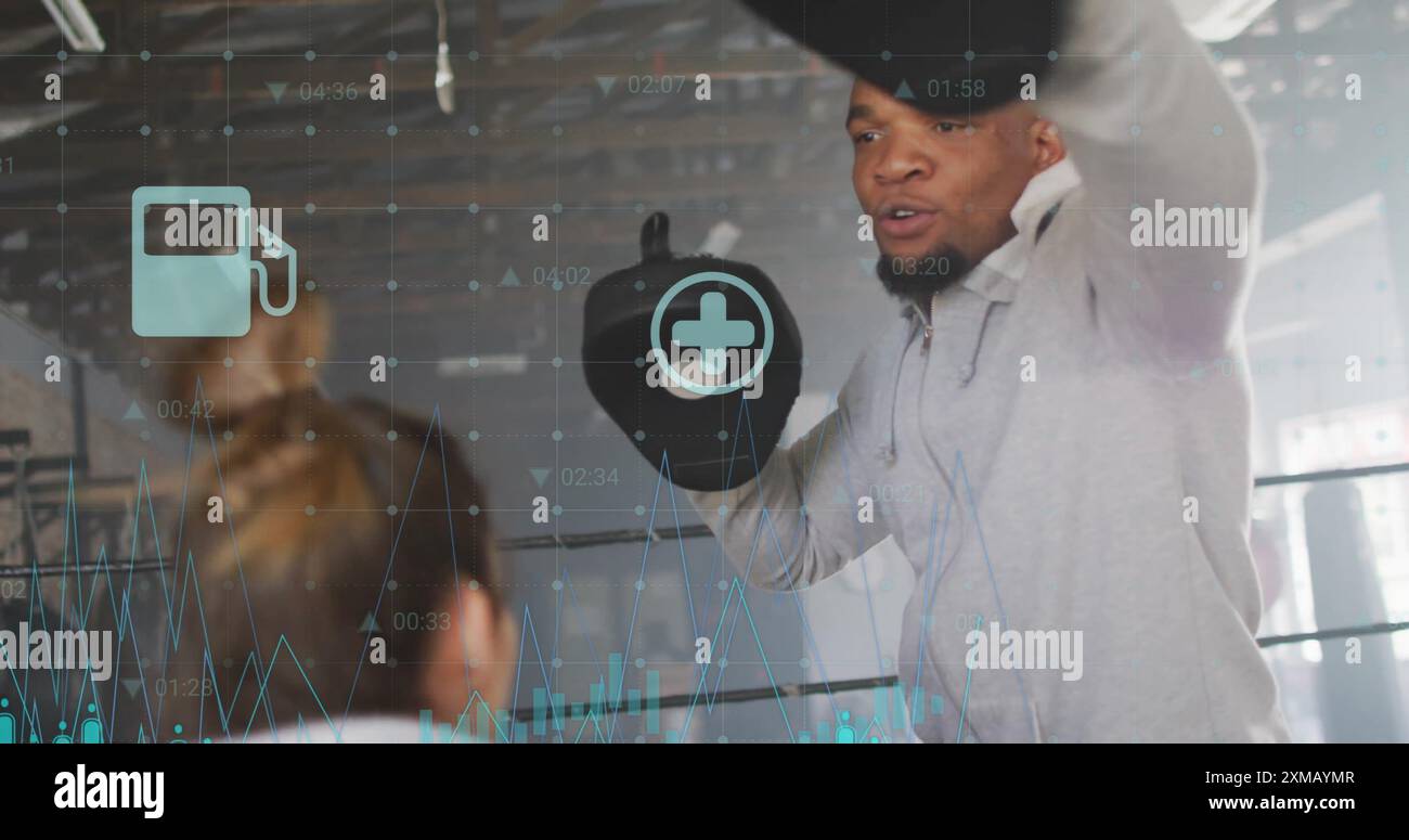 Boxe dans le gymnase avec des données de santé et médicale croisée image sur image Banque D'Images