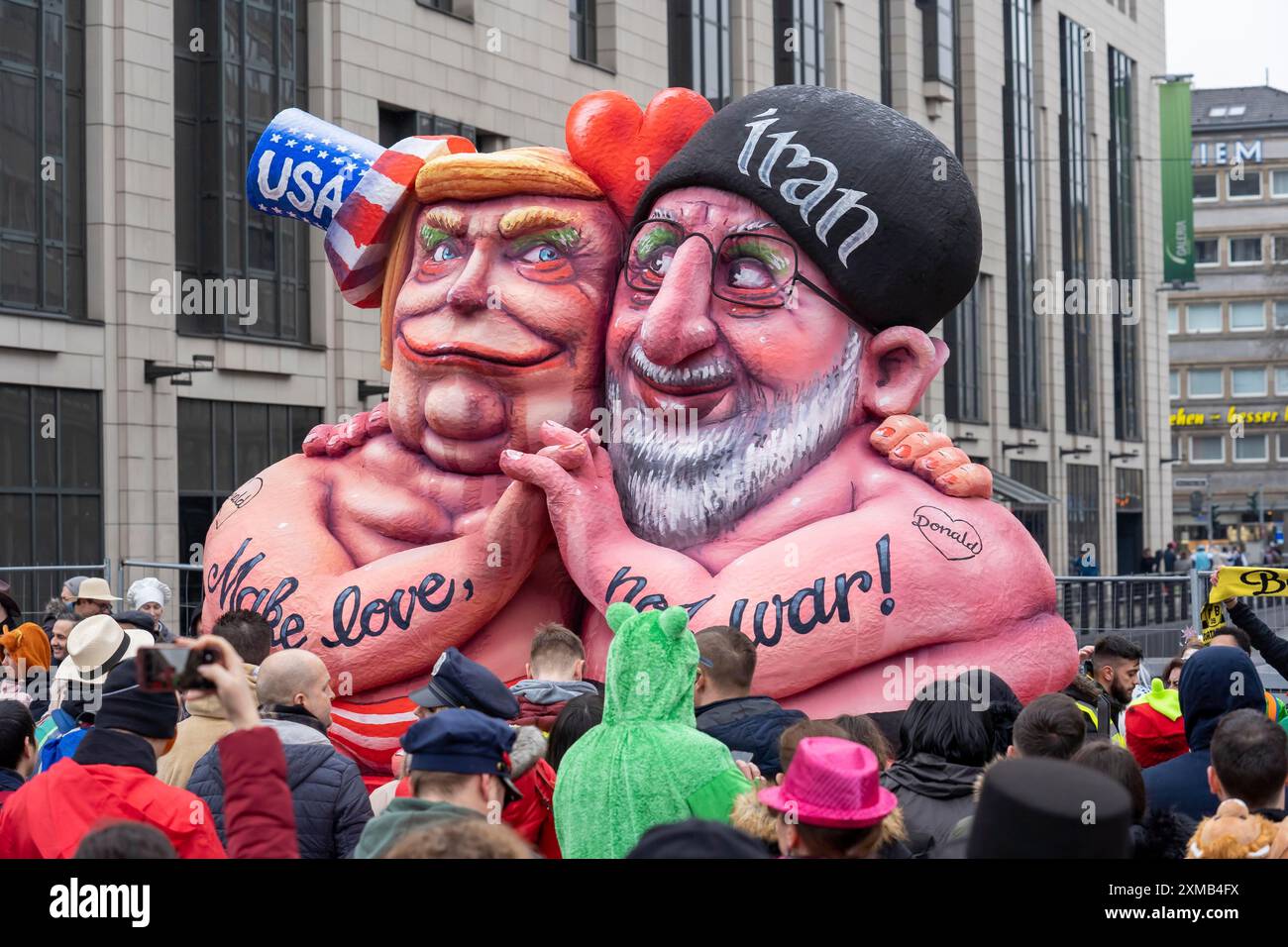 Rose Monday défilé à Duesseldorf, carnaval de rue, motif flottant au carnaval, par le constructeur de flotteurs Jacques Tilly, flotteur satirique sur le différend entre les deux Banque D'Images