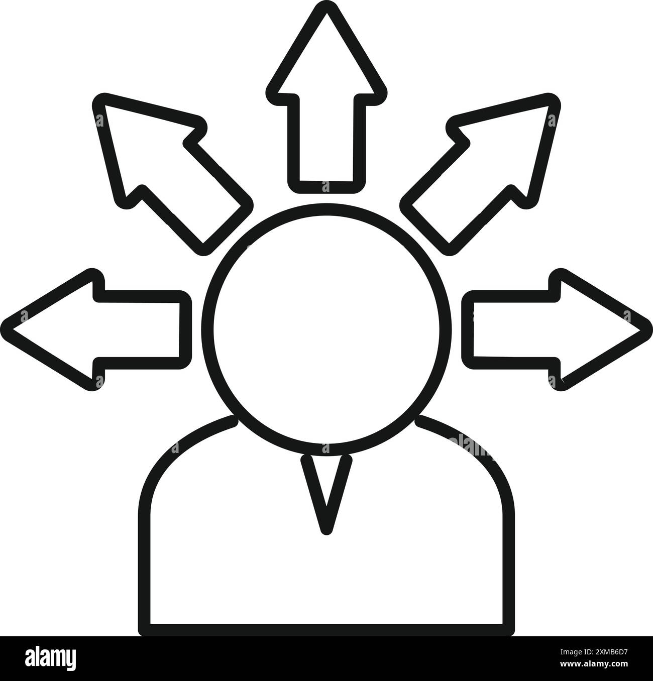 Icône de ligne d'un homme d'affaires avec des flèches pointant dans différentes directions, représentant la prise de décision Illustration de Vecteur