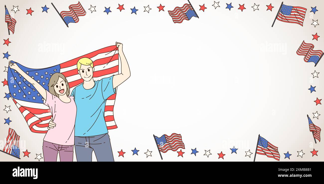 Jeunes couples femme américaine et homme tiennent le drapeau de l'amérique sur fond avec l'espace de copie. Style de dessin animé. Illustration de Vecteur