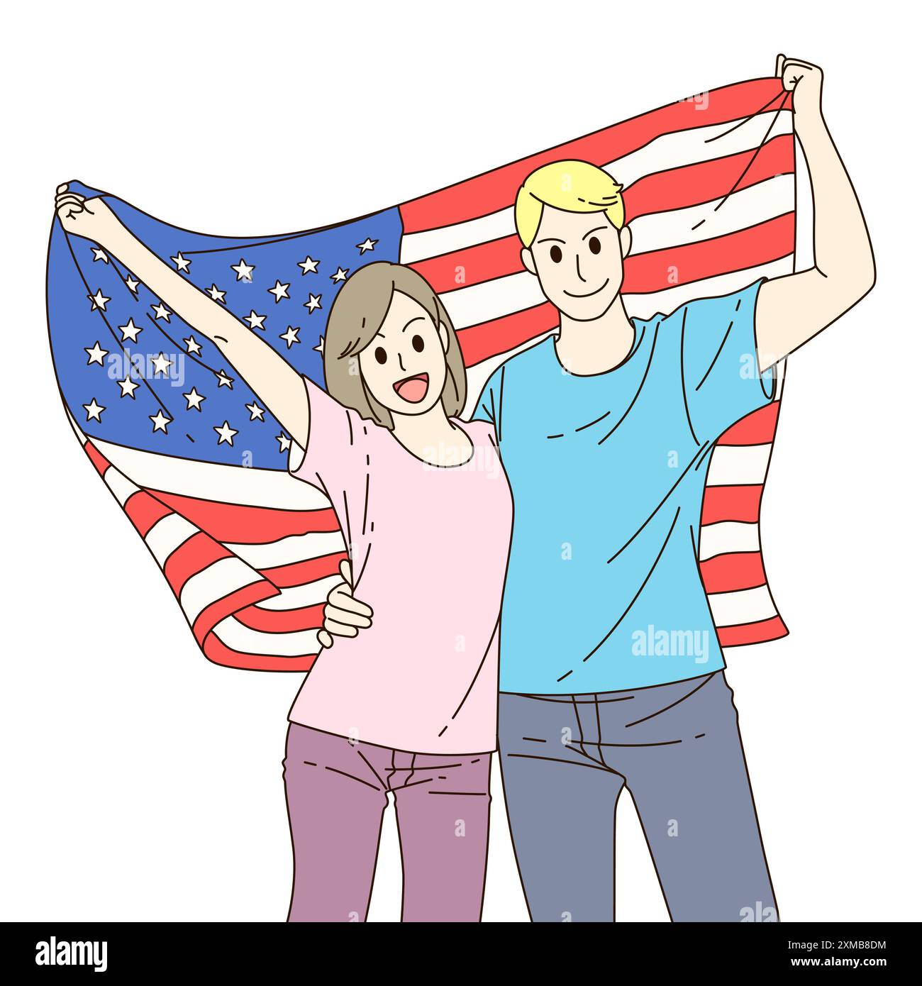 Jeunes couples femme américaine et homme tiennent le drapeau de l'amérique sur fond blanc isolé. Style de dessin animé. Illustration de Vecteur