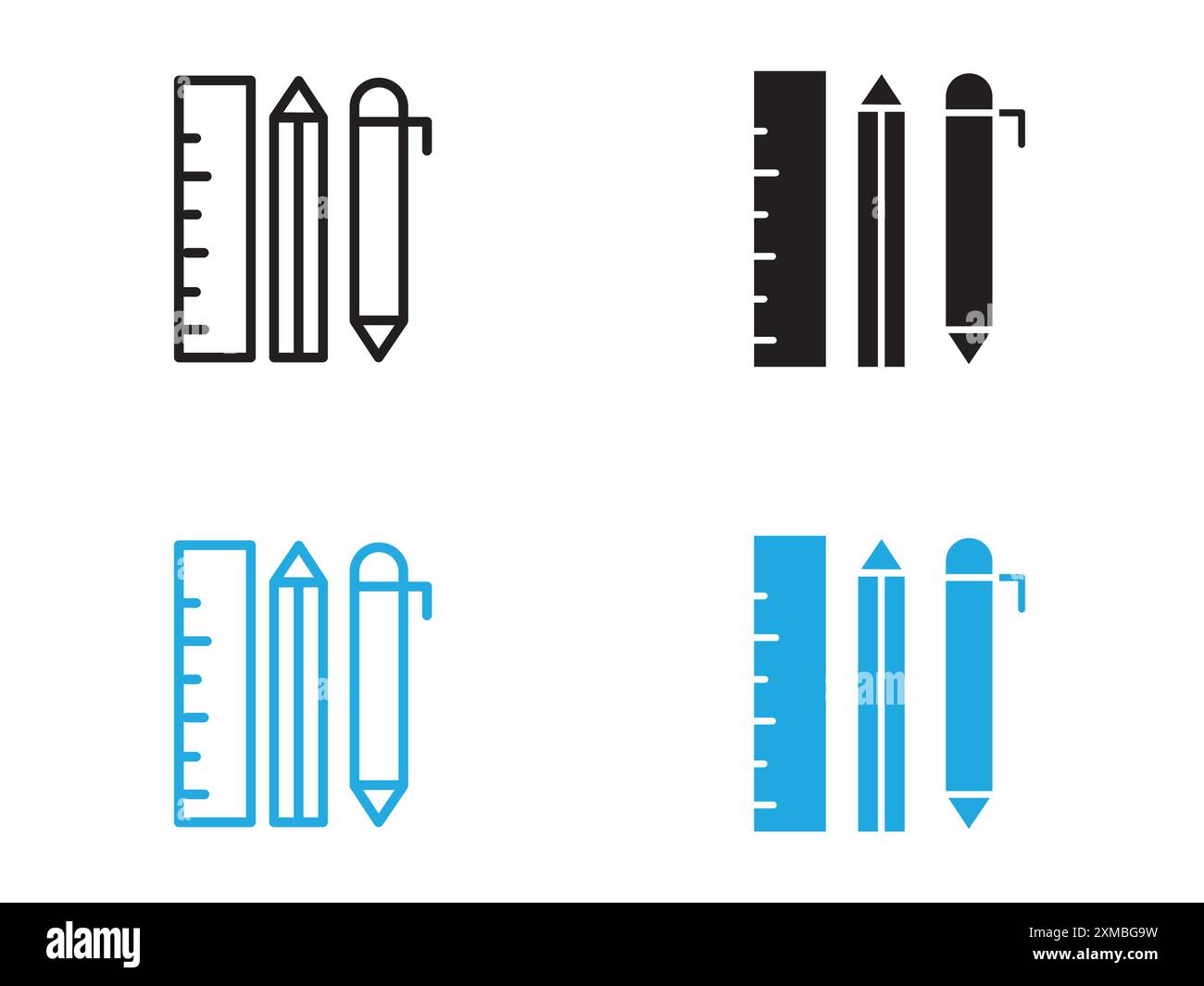 Règle, crayon et stylo icône vectorielle de logo de ligne de marque ou de style de contour de collection de jeu de symboles Illustration de Vecteur
