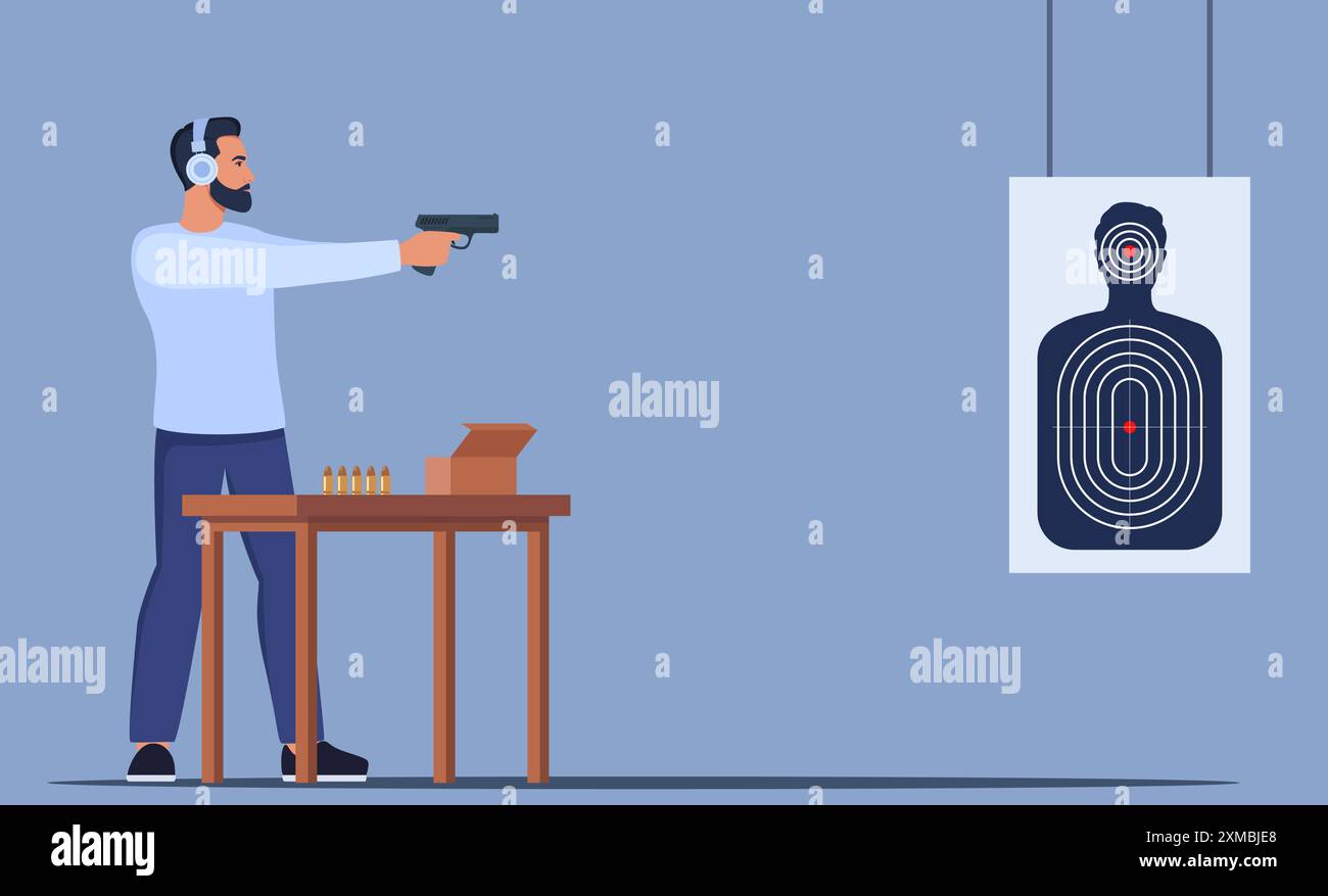 Homme concentré pratiquant des techniques de tir à Indoor Range. Personnage masculin dans la protection des oreilles se tient confiant, visant le pistolet sur Target. Illustration vectorielle Illustration de Vecteur