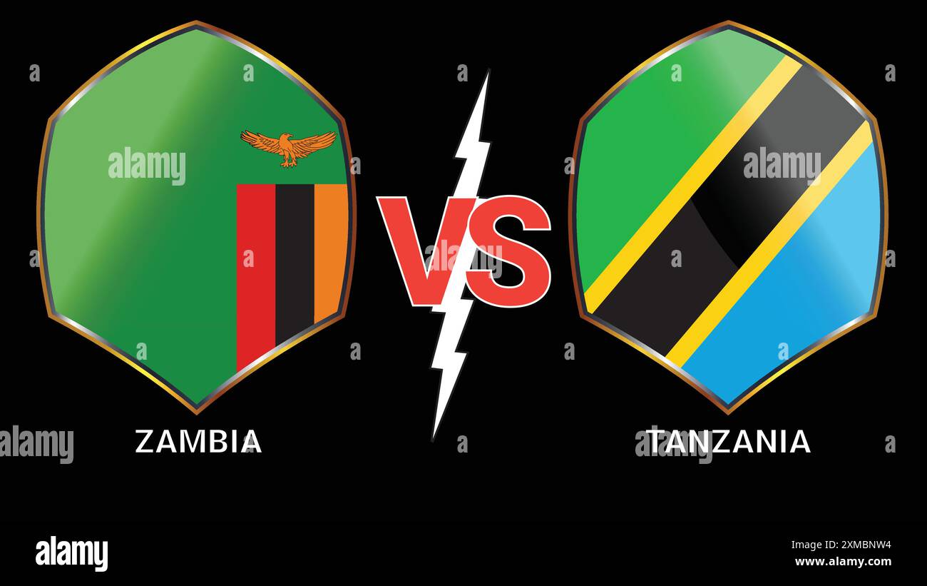 Match de football : Zambie vs Tanzanie avec drapeaux sur fond noir Illustration de Vecteur