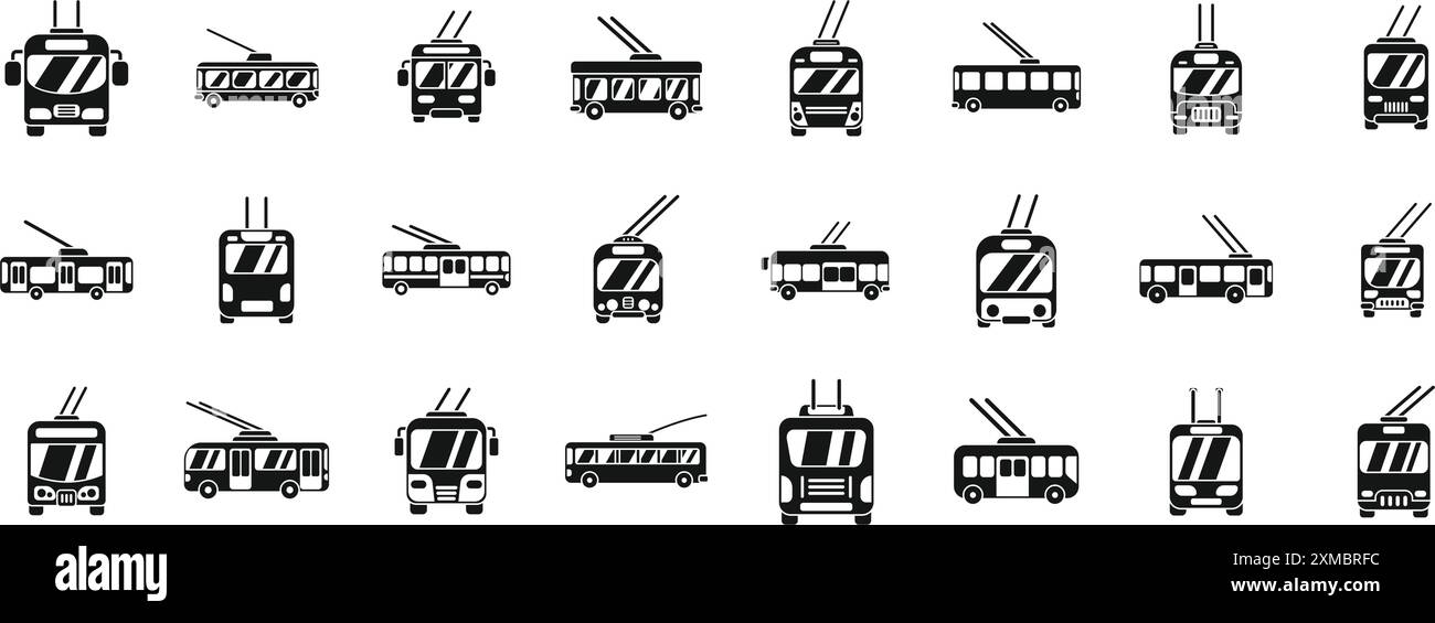 Icônes trolleybus définies. Trolleybus de ville conduisant à l'électricité, transport urbain écologique Illustration de Vecteur