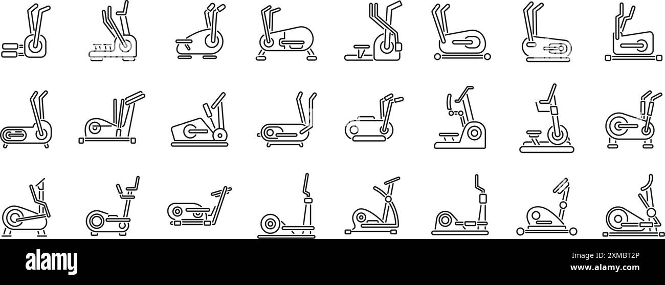 Icônes machine elliptiques définies. Ensemble de trainers elliptiques montre différents types de cross trainers pour un excellent entraînement cardio Illustration de Vecteur