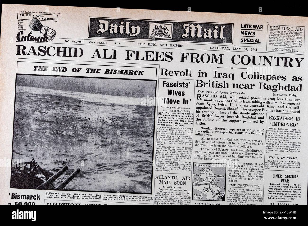 "Rashid Ali fuit from country" en première page du Daily mail (réplique), 31 mai 1941. Banque D'Images