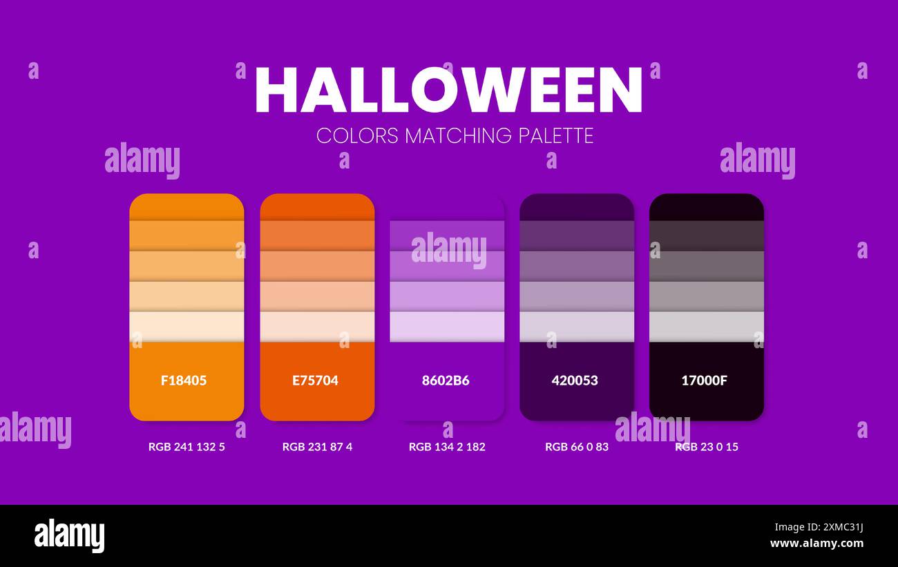Guide de palette de couleurs dans les collections de thèmes de couleurs d'Halloween. Inspiration de couleur ou graphique avec modèle de codes. Combinaison de couleurs RVB. Nuances de couleurs pour Illustration de Vecteur