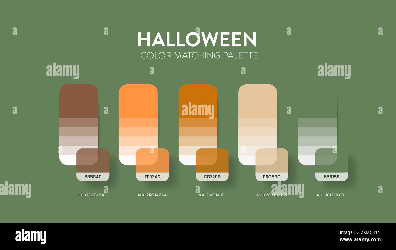 Guide de palette de couleurs dans les collections de thèmes de couleurs d'Halloween. Inspiration de couleur ou graphique avec modèle de codes. Combinaison de couleurs RVB. Nuances de couleurs pour Illustration de Vecteur