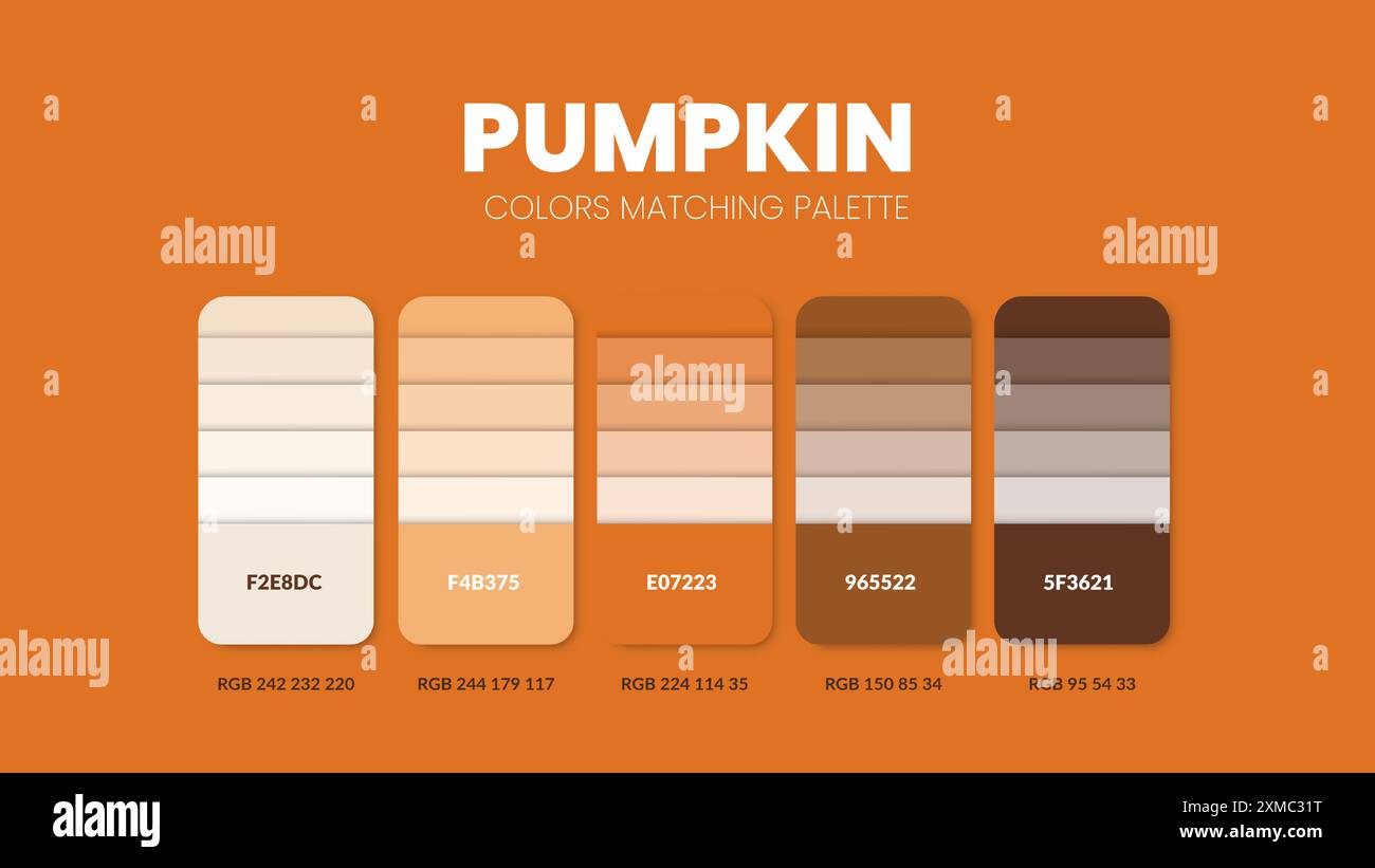 Guide de palette de couleurs dans les collections de thèmes de couleur citrouille d'Halloween. Couleurs inspiration ou graphique avec des codes modèle. Combinaison de couleurs RVB. Nuances pour Illustration de Vecteur