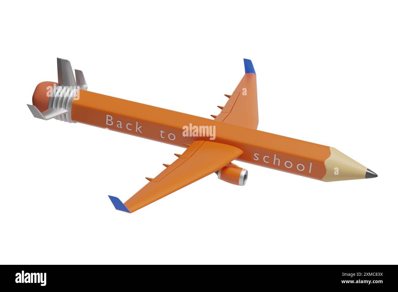 Avion en forme de crayon avec le texte 'retour à l'école' isolé sur fond blanc. illustration 3d. Banque D'Images
