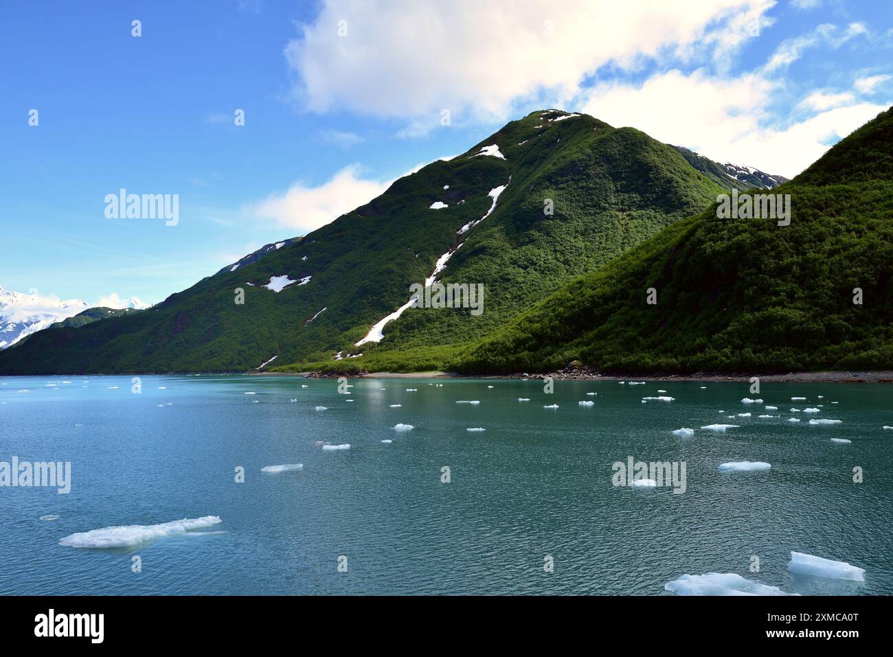 Mini bergs de glace et les montagnes de la baie de Yakutat, Alaska Banque D'Images