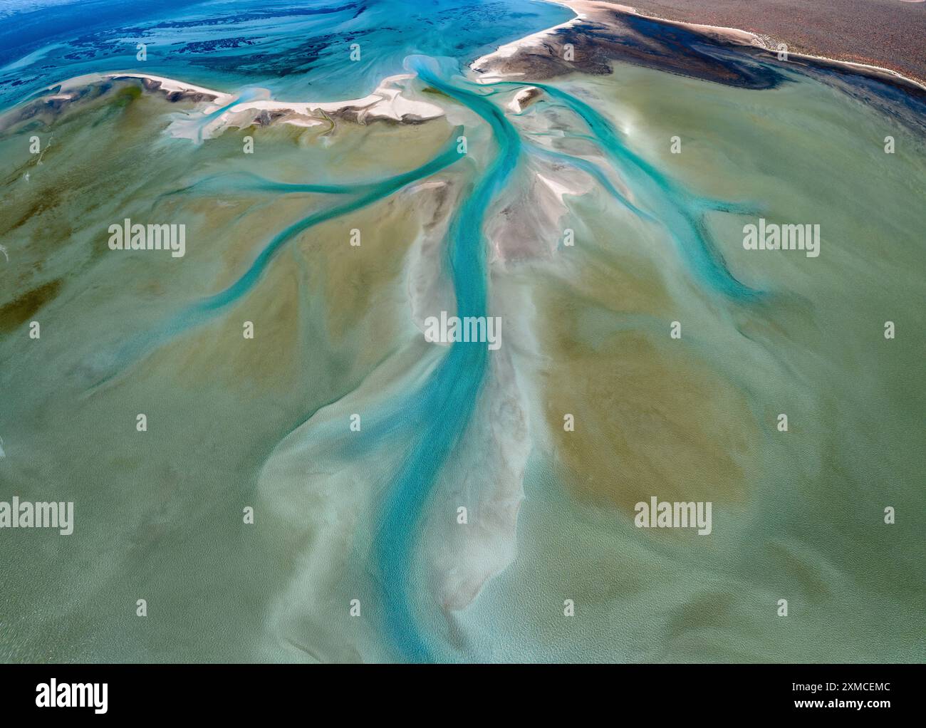 Une vue aérienne des marécages marécageux avec des eaux turquoises tranquilles et du sable doré à Shark Bay en Australie occidentale Banque D'Images