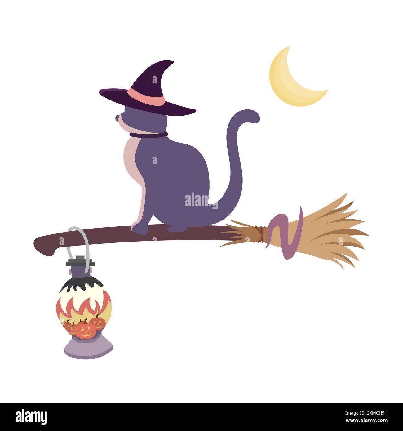 Chat d'Halloween sur balai de sorcière Illustration de Vecteur