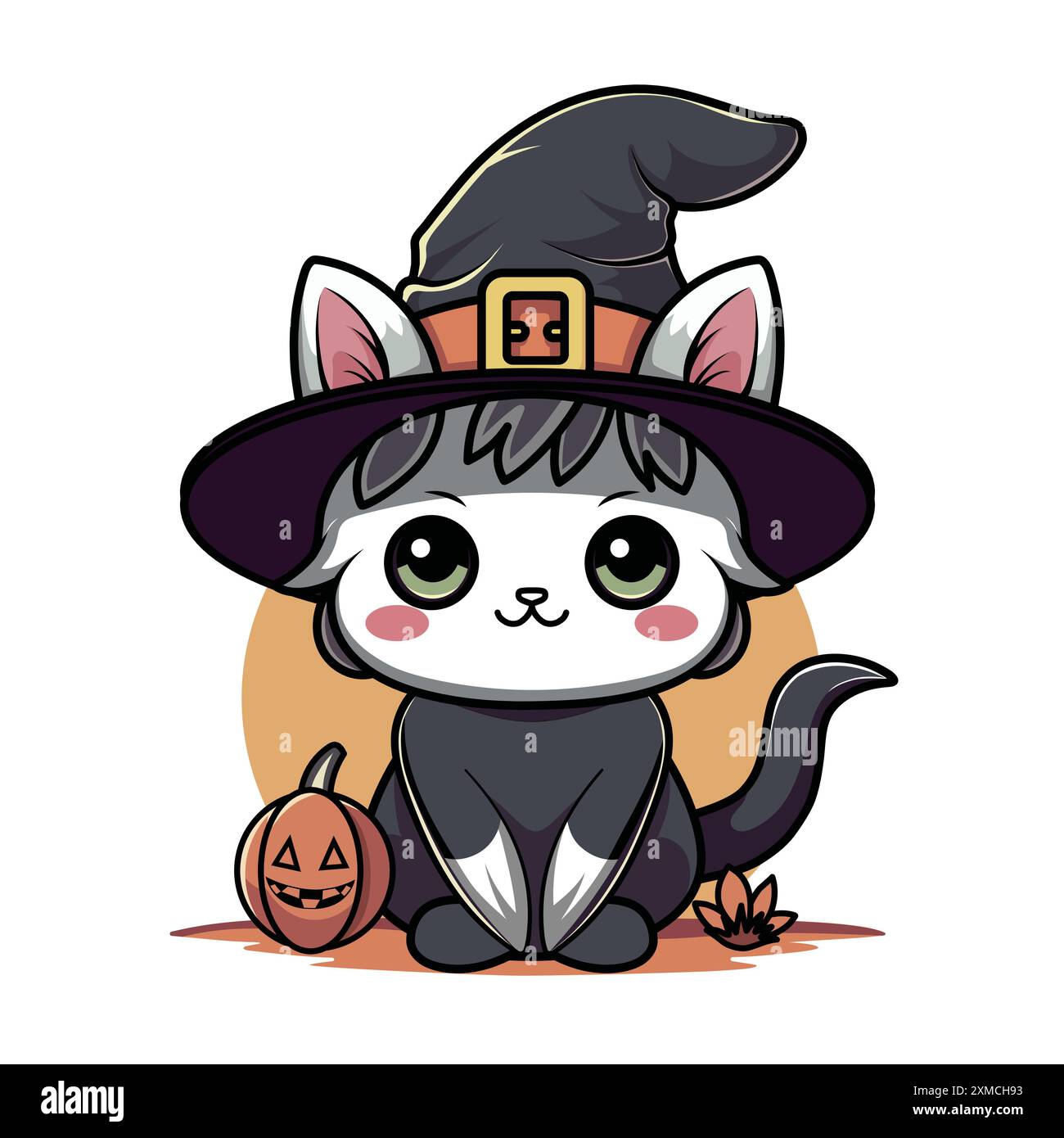 Chat blanc mignon portant un chapeau de sorcière assis parmi les citrouilles d'Halloween et les feuilles tombées Illustration de Vecteur