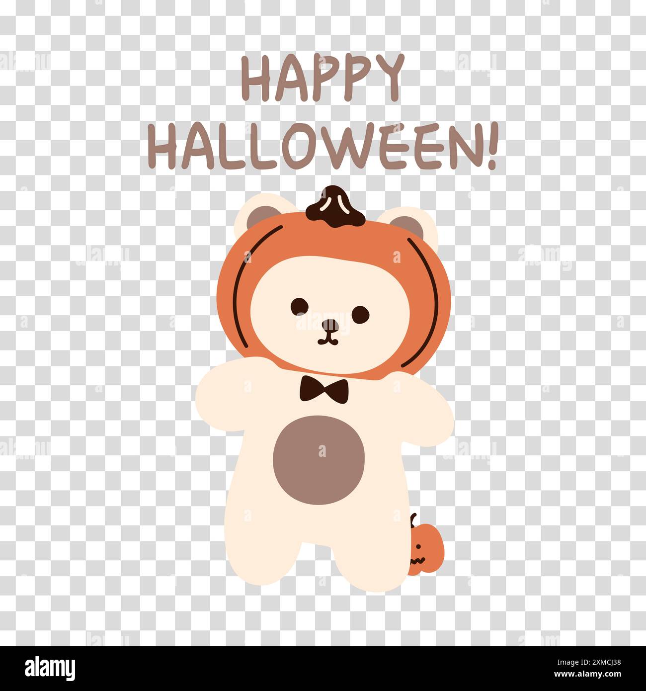 Un ours en peluche mignon portant un masque de citrouille criant joyeux Halloween et un petit jack-o-lanterne d'Halloween se cachant derrière. Illustration de Vecteur