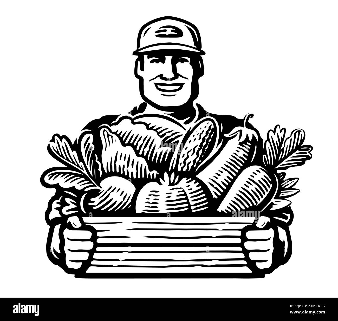 Heureux ouvrier agricole souriant tenant une caisse en bois avec des légumes biologiques frais. Agriculteur et vecteur alimentaire agricole Illustration de Vecteur