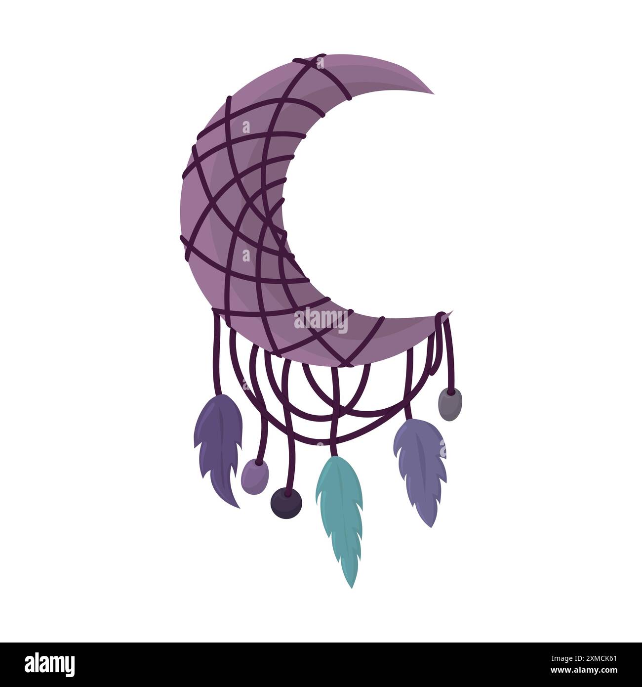 Attrape-rêves en croissant de lune violet décoré de ficelle, de plumes et de perles Illustration de Vecteur