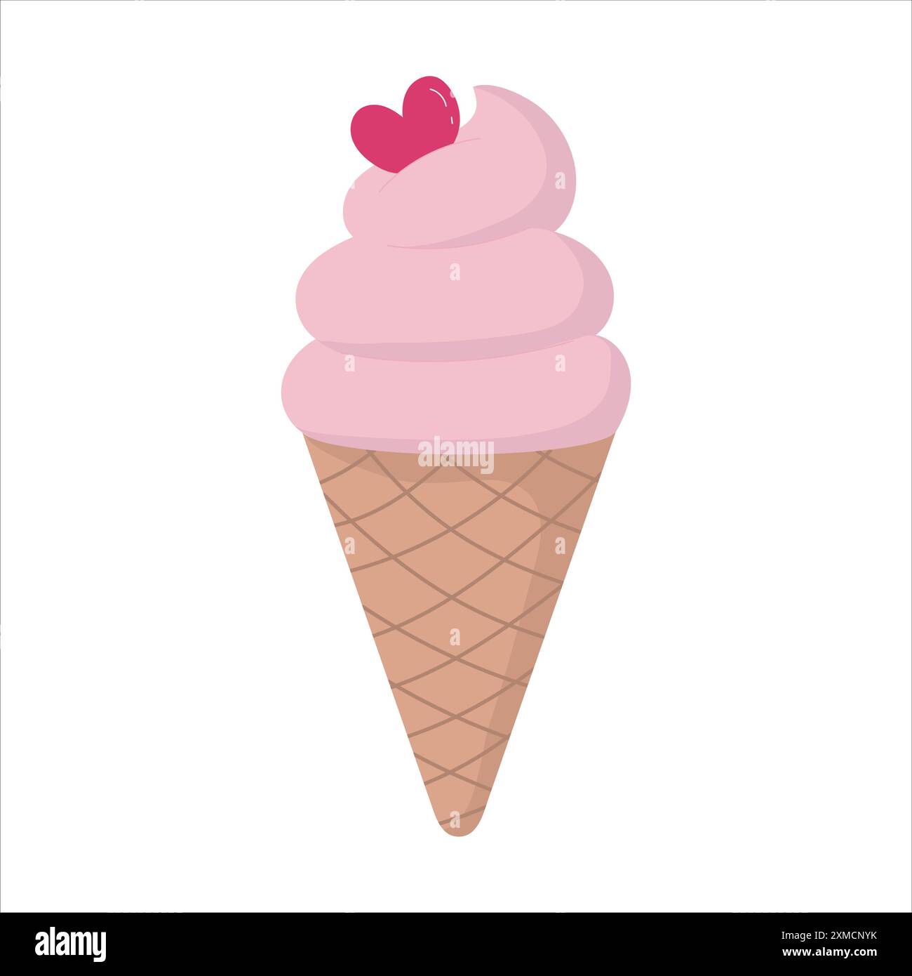 Cornet de glace doux rose empilé, rond et agrémenté d'une jolie décoration en forme de coeur Illustration de Vecteur