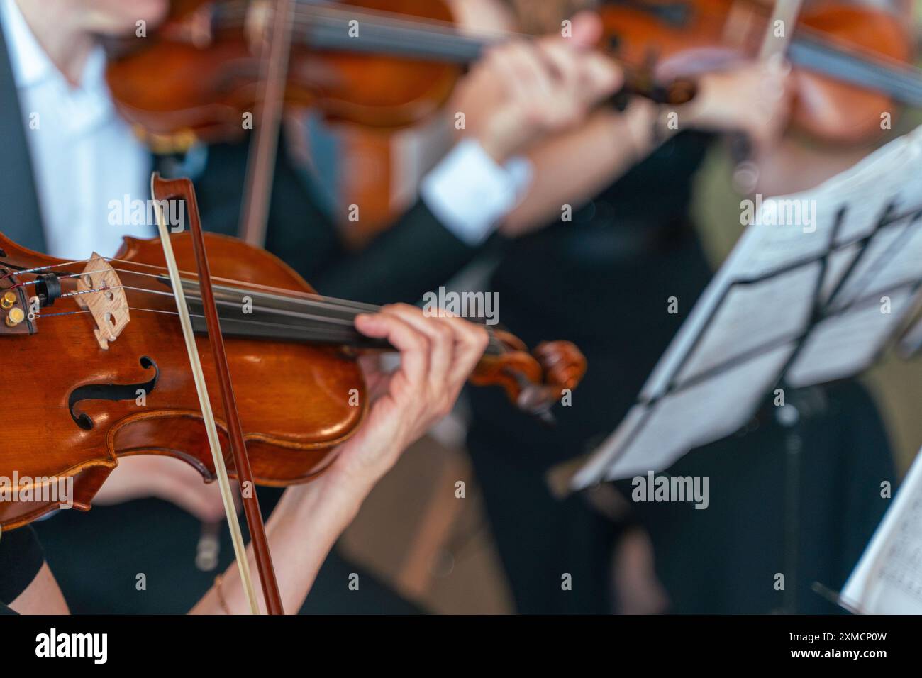 Orchestre symphonique professionnel se produisant sur scène et jouant un concert de musique classique, violoniste jouant au premier plan, art et divertissement co Banque D'Images