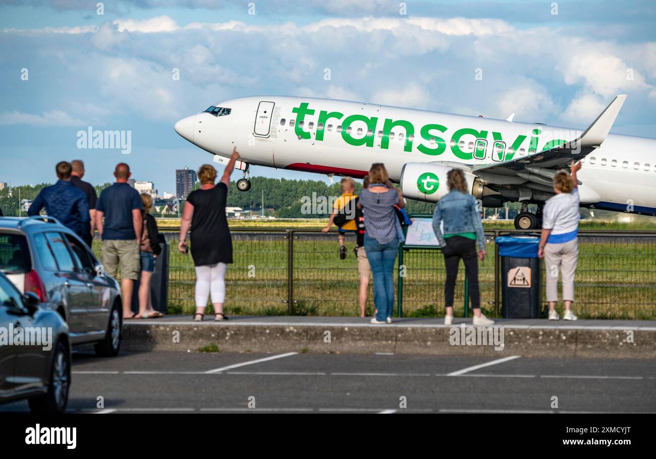 Amsterdam Shiphol Airport, Polderbaan, l'une des 6 pistes, zone d'observation, voir les avions de près, pH-HXN, Transavia Boeing 737-800Schiphol Banque D'Images