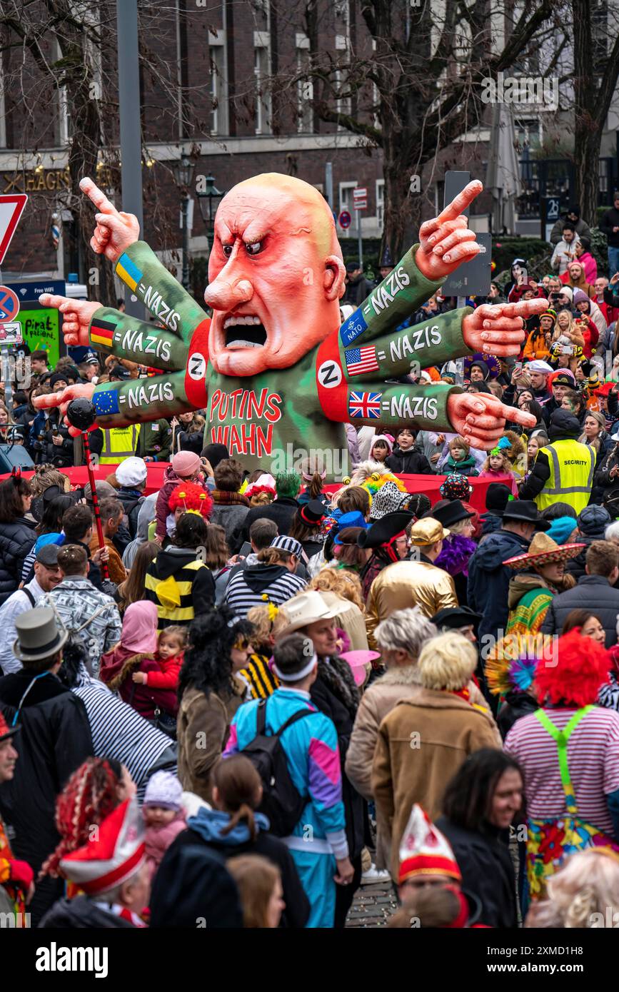 Rose Monday défilé à Duesseldorf, carnaval de rue, flotteur de carnaval, par le constructeur de flotteurs Jacques Tilly, thème de la guerre en Ukraine, Vladimir Poutine insulte tout le monde Banque D'Images