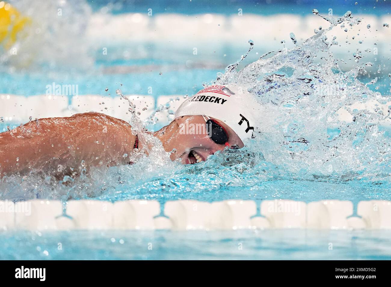 Paris, France. 27 juillet 2024. Katie Ledecky de Team USA, lors du Heat 3 du 400 m libre féminin lors des Jeux Olympiques de Paris 2024 à la Defense Arena à Paris, France, le samedi 27 juillet 2024. Ledecky a mené le peloton lors des qualifications avec un temps de 4:02.19. Photo de Richard Ellis/UPI crédit : UPI/Alamy Live News Banque D'Images