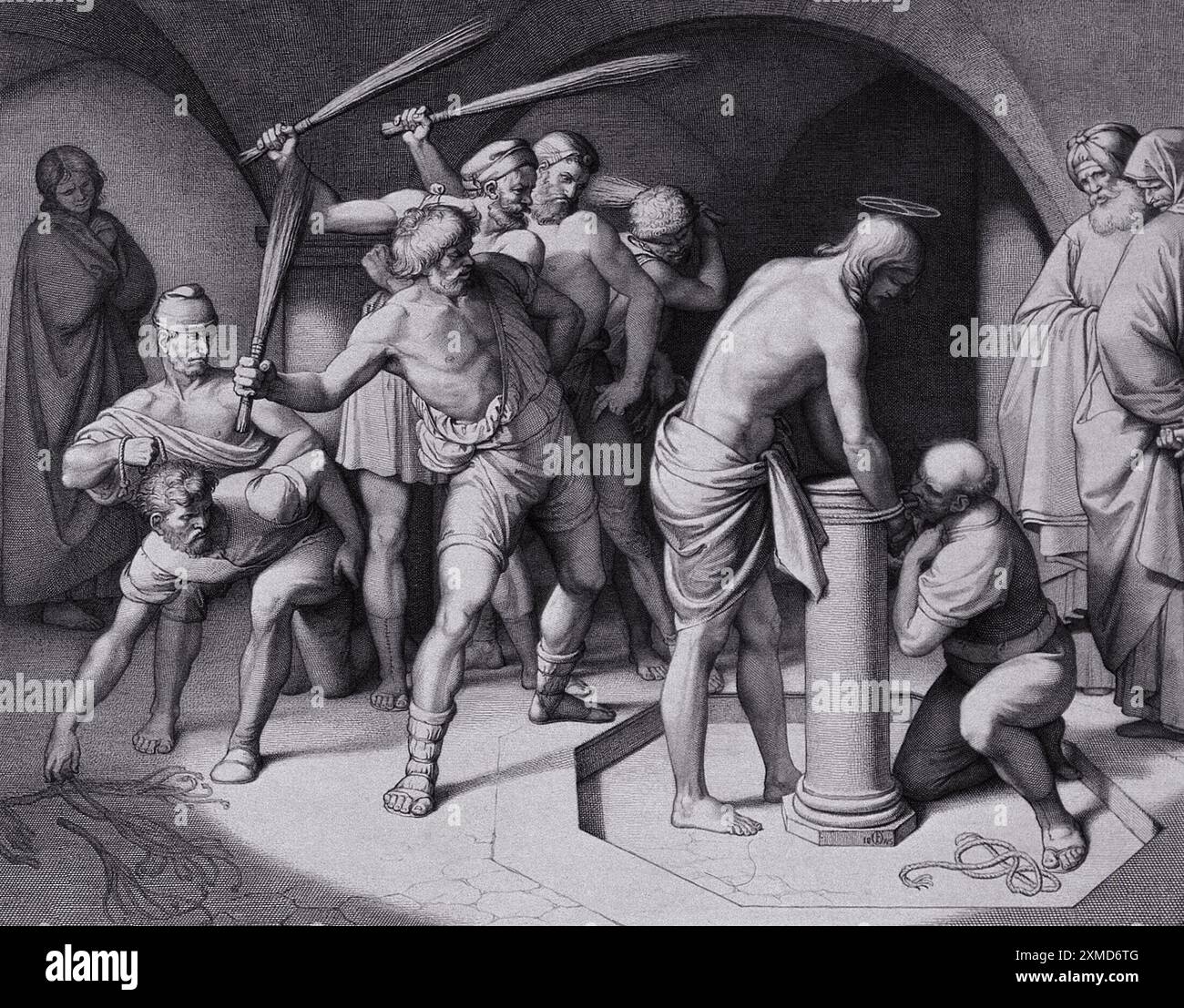 La flagellation du Christ représentée dans une gravure de 1843 par H. Nüsser d'après J. Friedrich Overbeck Banque D'Images