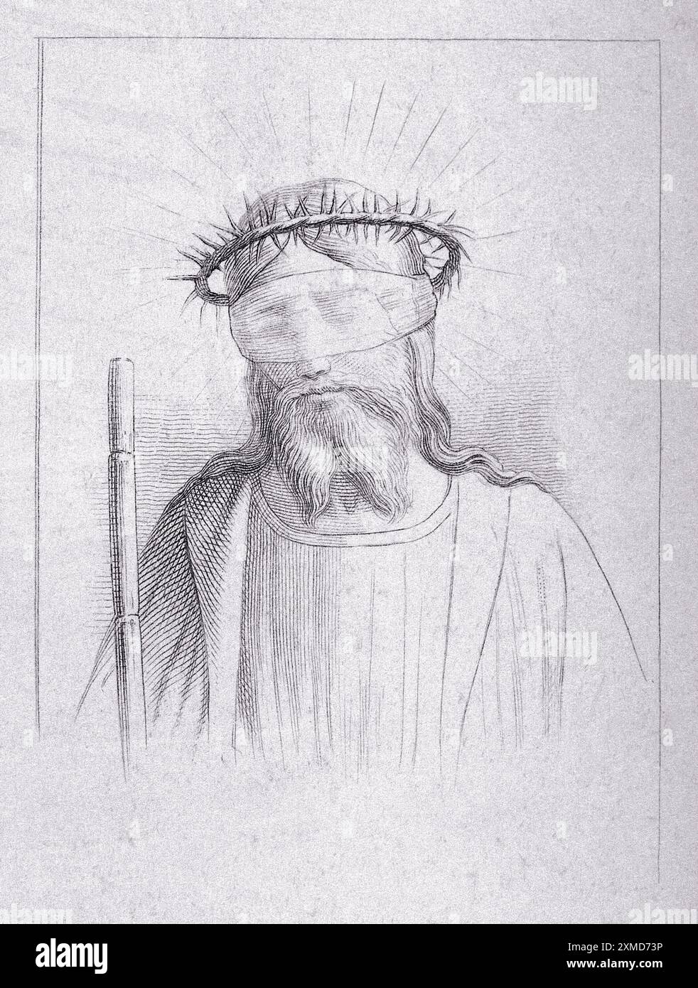Cette gravure représente Christ comme l'homme des douleurs, mettant en valeur son expression de profonde tristesse et compassion. La figure est ornée d'une couronne d'épines, symbolisant la souffrance endurée pendant sa passion. Un bandeau couvre ses yeux, soulignant l'angoisse et le fardeau des transgressions de l'humanité. La gravure aux détails complexes capture le poids émotionnel profond de son sacrifice, invitant les spectateurs à réfléchir sur les thèmes de la souffrance, de la rédemption et de l'amour divin. Banque D'Images