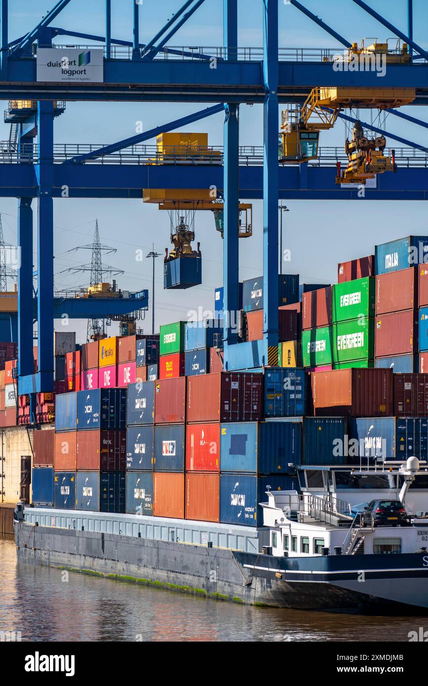 Porte-conteneurs dans le bassin portuaire du Logport, portiques dans le Centre de manutention des conteneurs, terminal à conteneurs trimodal, dans le Logport Banque D'Images