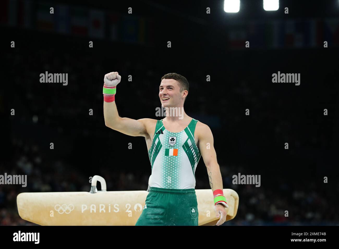 L'Irlandais Rhys McClenaghan suit sa routine sur le Pommel Horse lors de la gymnastique artistique, qualification masculine à la Bercy Arena le premier jour des Jeux Olympiques de Paris 2024 en France. Date de la photo : samedi 27 juillet 2024. Banque D'Images