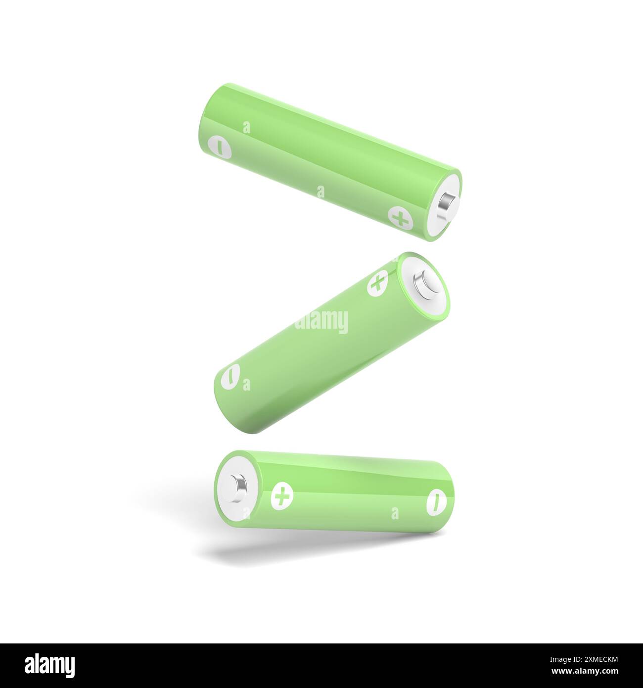 Trois piles AA isolées sur fond blanc. Couleur verte. illustration 3d. Banque D'Images