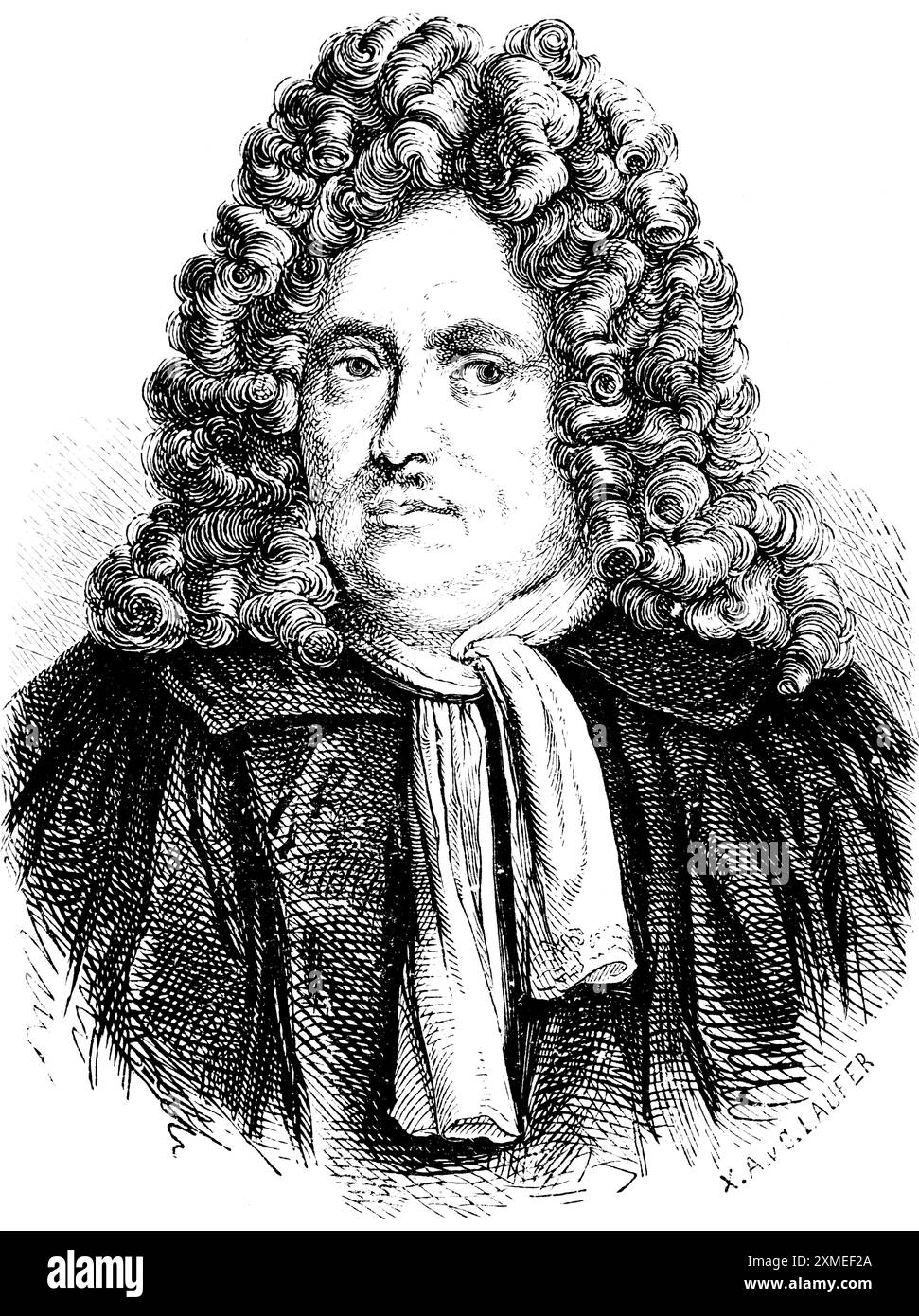 Portrait de Christian Thomasius, érudit à la cour de Frédéric II, perruque frisée, mouchoir, histoire de la Prusse, illustration historique 1882 Banque D'Images