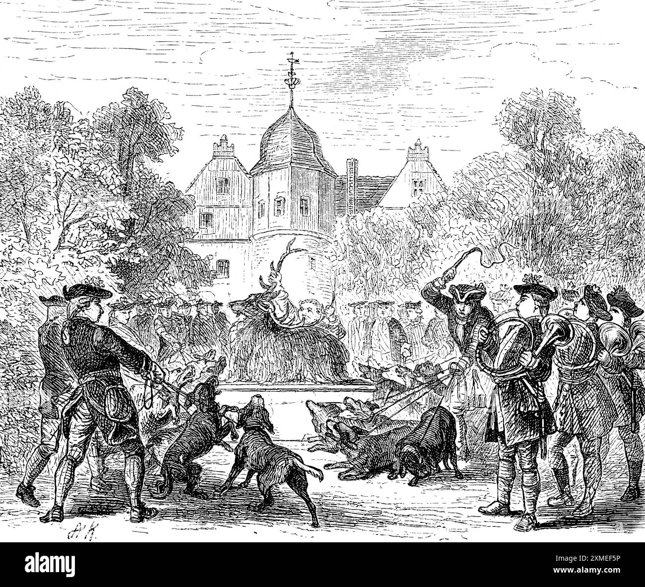 Un nimrod royal, plaisir de chasse au château de Wusterhausen, Brandebourg, chasse conduite, chiens de chasse, batteurs, souffleurs, cerf, bois, beaucoup de gens Banque D'Images