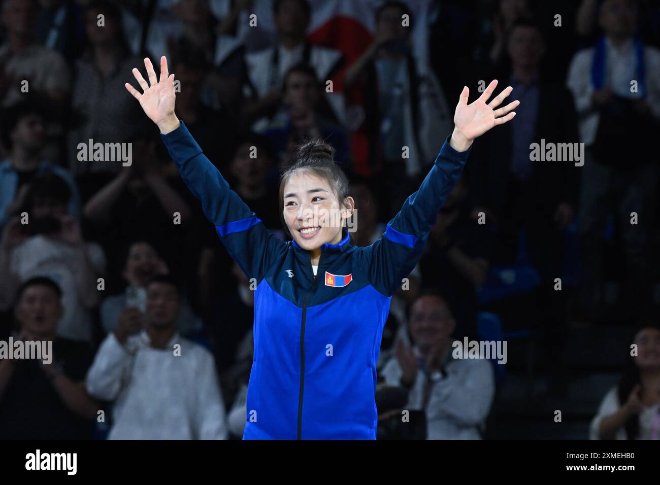 Baasankhuu Bavuudorj ( MGL ) argent, Judo, femmes -48 kg lors des Jeux Olympiques de Paris 2024 le 27 juillet 2024 à l'Arena champ de mars à Paris, France Banque D'Images