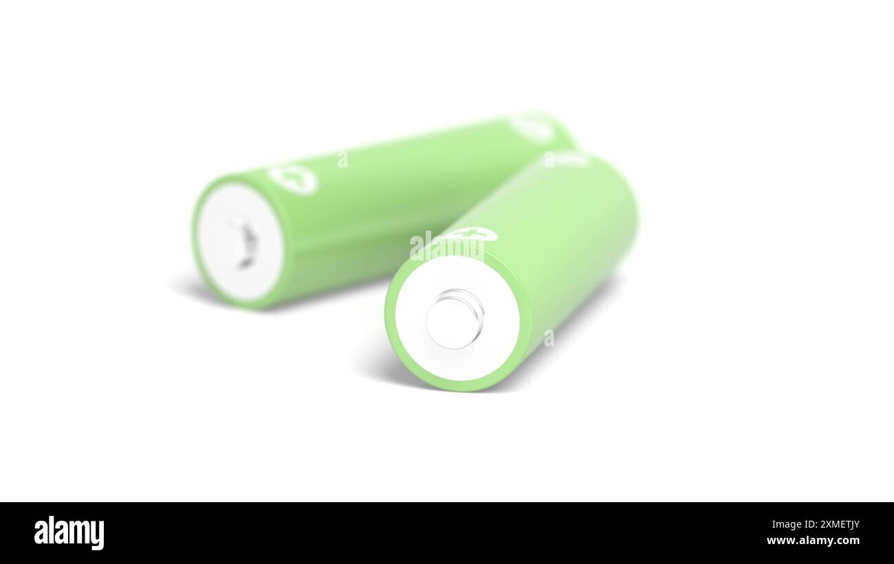 Pile AA isolée sur fond blanc. Couleur verte. illustration 3d. Banque D'Images