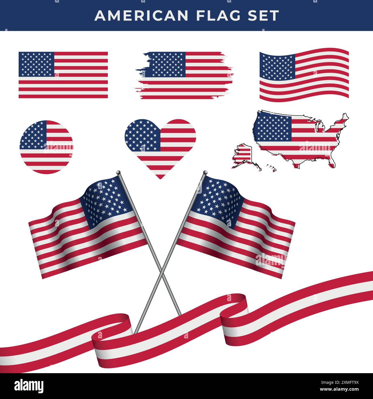 Collection de drapeau national des États-Unis d'Amérique avec carte. En détresse, forme de coeur, vecteur de drapeau USA ondulé 3D avec ruban Illustration de Vecteur