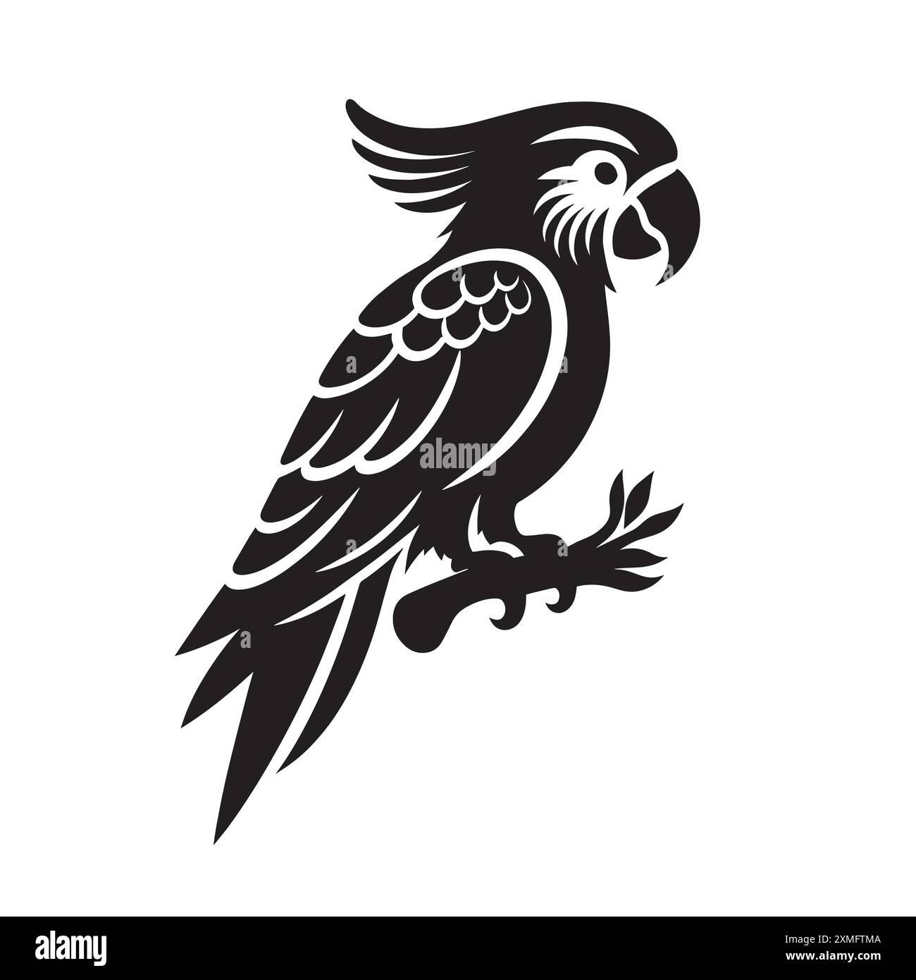 Silhouette vectorielle d'un perroquet sur un fond blanc, l'oiseau est perché sur une branche Illustration de Vecteur
