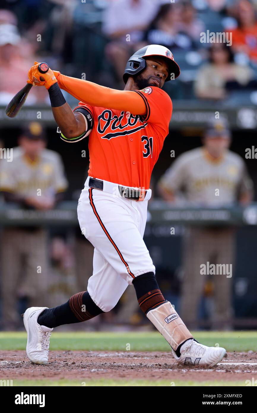 Baltimore, États-Unis. 27 juillet 2024. BALTIMORE, MD - JUILLET 27 : le joueur de Baltimore Orioles Cedric Mullins (31) lors d'un match MLB contre les Padres de San Diego le 27 juillet 2024 à Oriole Park à Camden Yards à Baltimore, Maryland. (Photo de Joe Robbins/image du sport) photo via le crédit : Newscom/Alamy Live News Banque D'Images