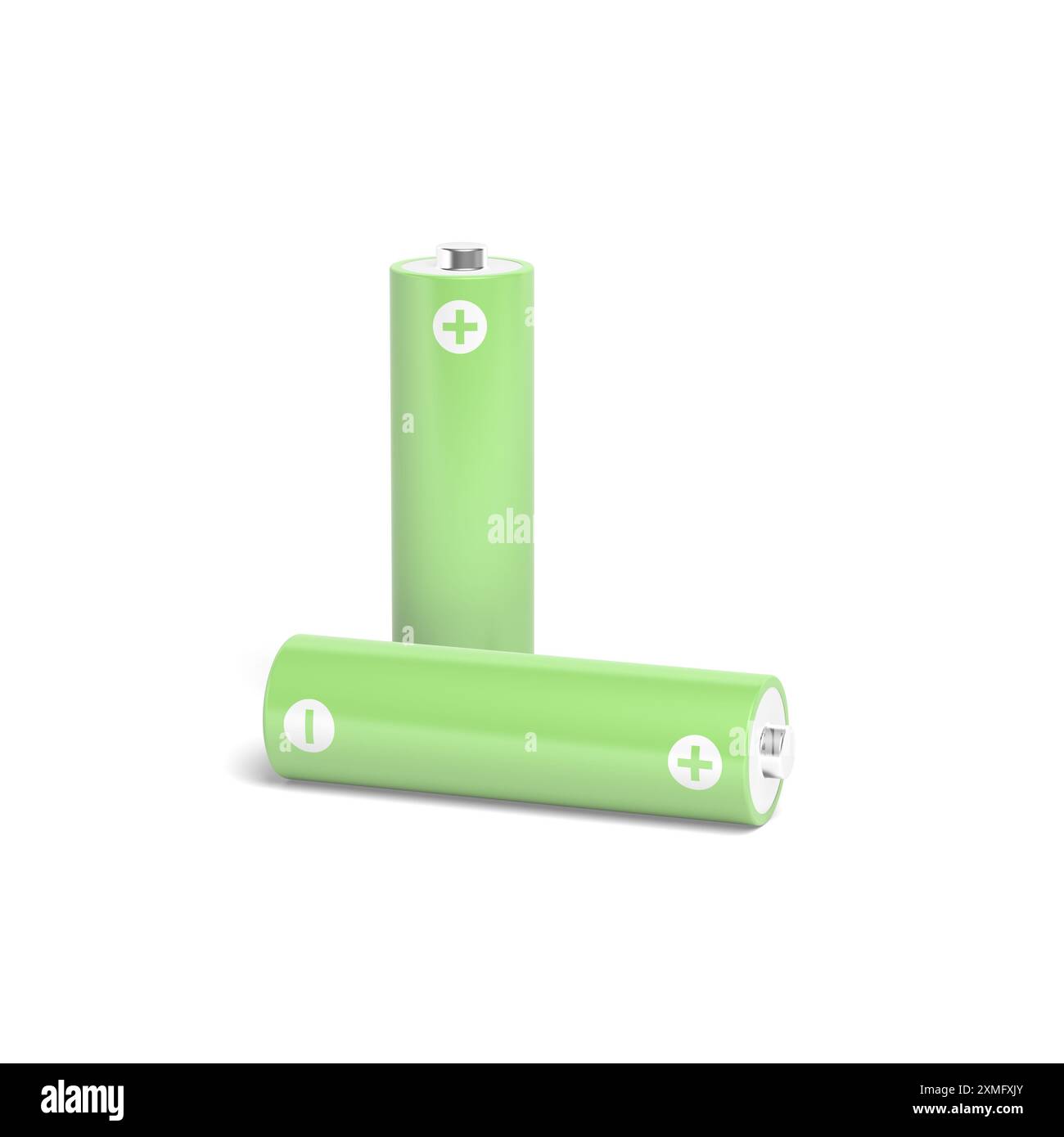 Deux piles AA isolées sur fond blanc. Couleur verte. illustration 3d. Banque D'Images