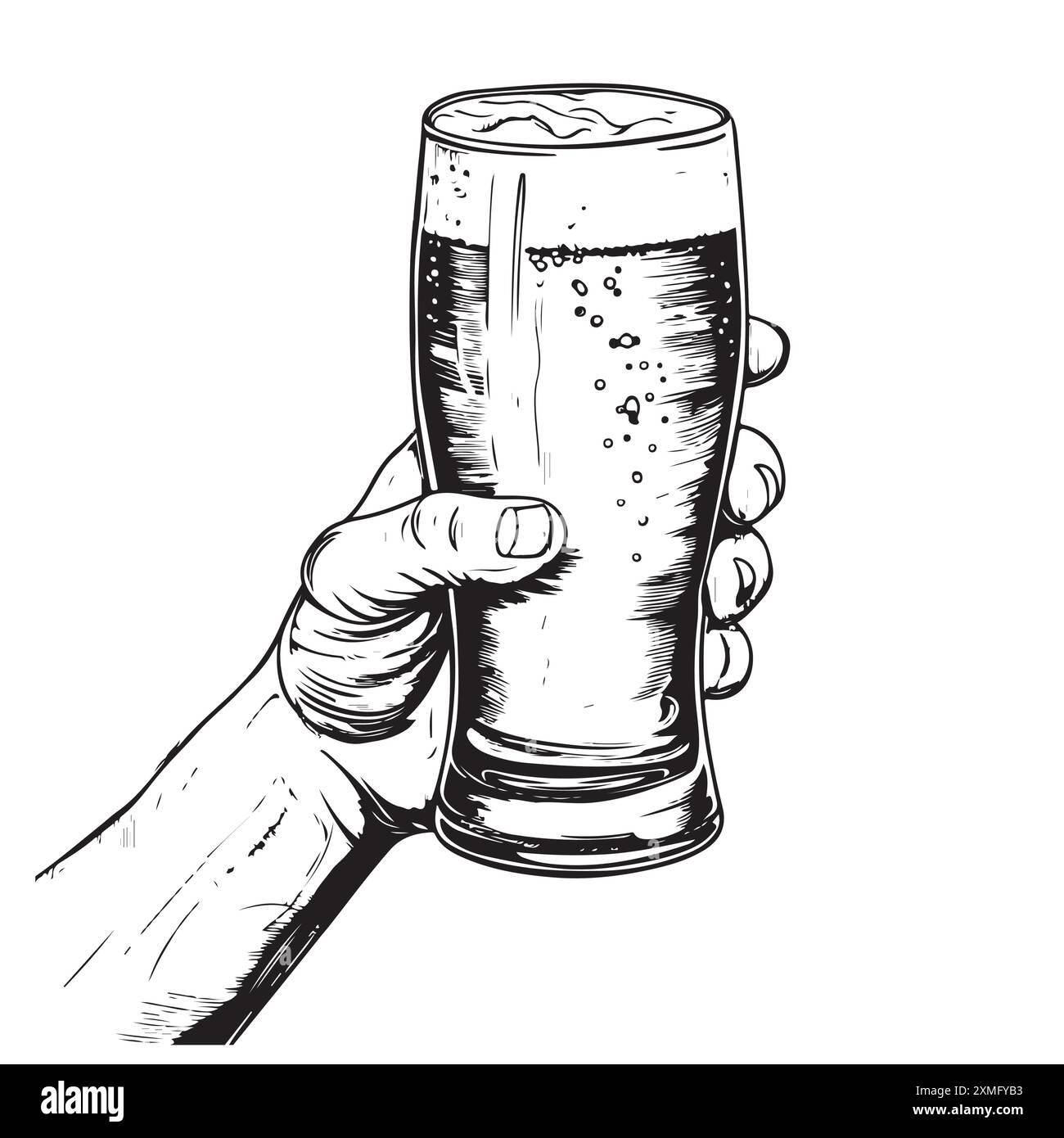 Main masculine tenant un verre de bière mousseuse lager. Boisson alcoolisée. Dessin clipart dans le style de gravure pour le menu de restaurant ou de pub Illustration de Vecteur
