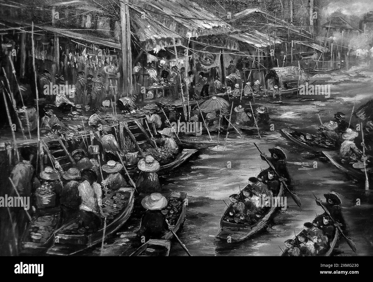 Noir et blanc peinture d'art couleur à l'huile Floating Market dumnoen saduak Thaïlande Banque D'Images
