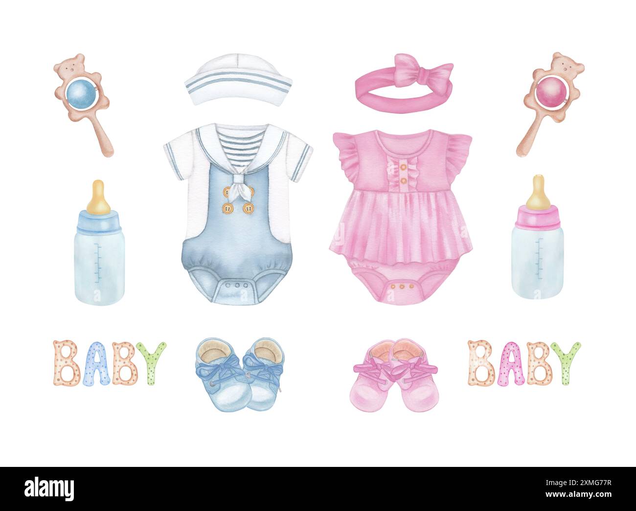Ensemble de tenues pour nouveau-né. Illustrations bébé mignon fournitures pour bébé pour bébés bleu et rose couleur dessiné à la main. Éléments de design aquarelle nouveau-né pour in Banque D'Images