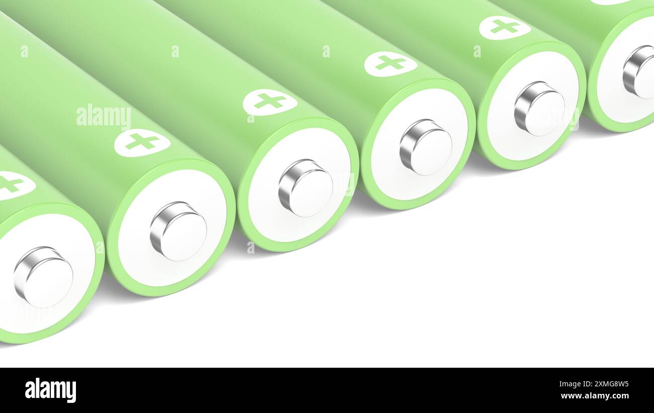 Piles AA isolées sur fond blanc. Couleur verte. illustration 3d. Banque D'Images