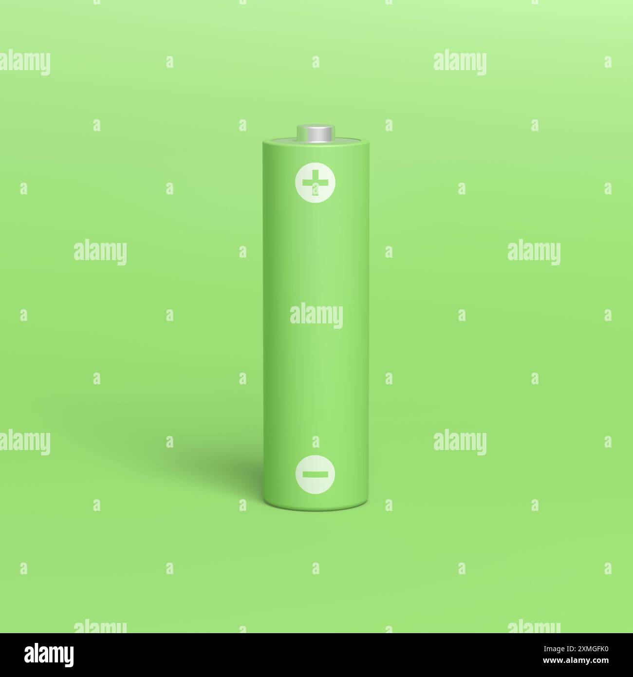 Pile AA isolée sur fond vert. illustration 3d. Banque D'Images