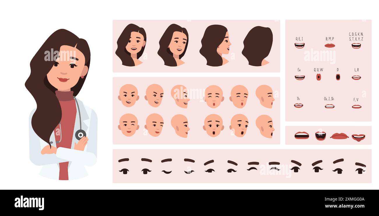 Ouvrière médicale femme médecin création avatar adapté à l'animation. Générateur, constructeur de divers yeux, lèvres, expressions d'émotion animation buccale Illustration de Vecteur