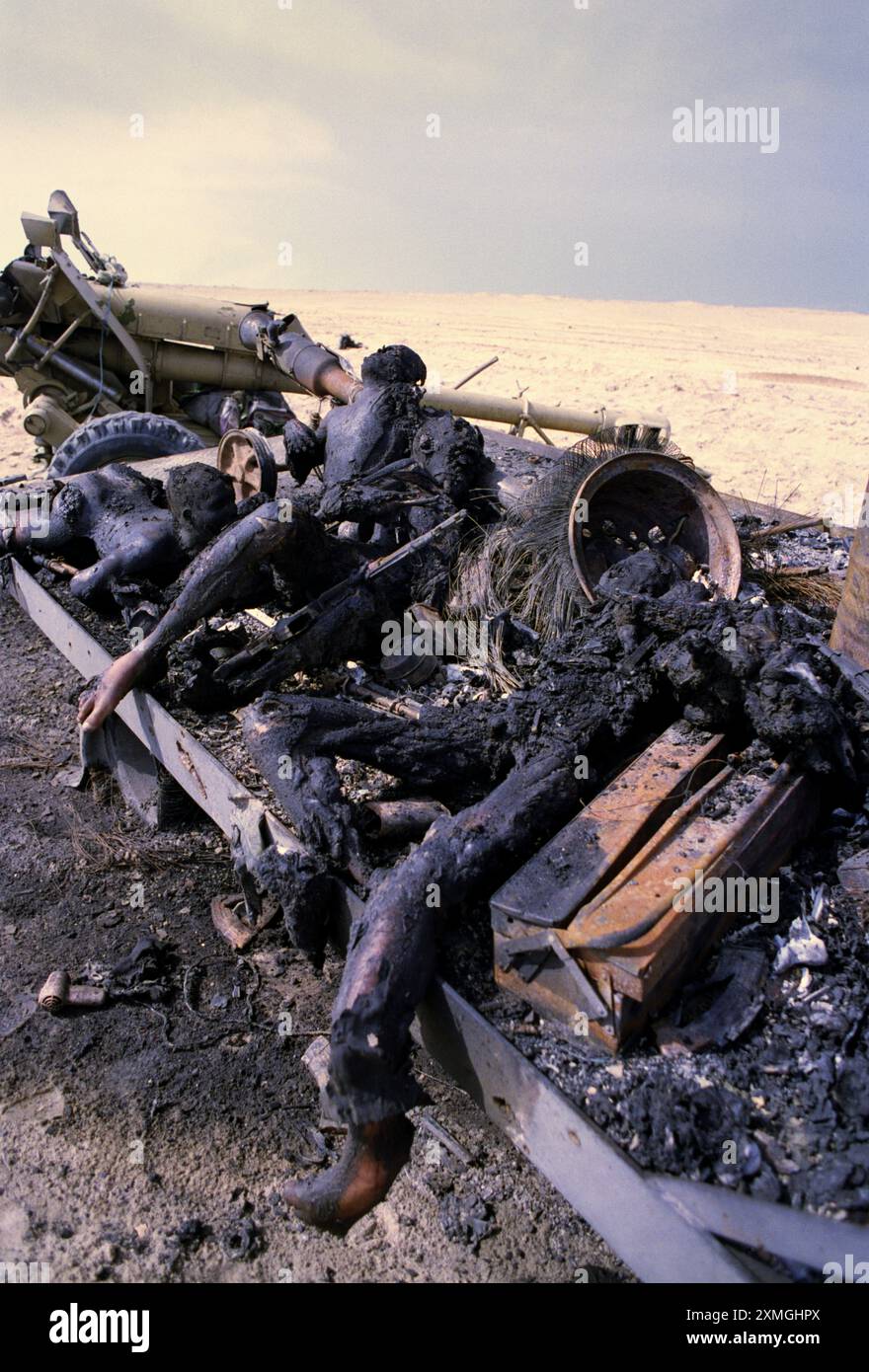 Première Guerre du Golfe : 4 mars 1991 les corps incinérés de soldats irakiens gisent à l'arrière d'un camion à plateau dans le désert. Ils ont été attaqués par des avions de chasse de l'USAF environ une semaine auparavant. Ils étaient peut-être l'équipage d'un obusier soviétique de 122 mm 2A18 (d-30) remorqué, vu en arrière-plan. Banque D'Images