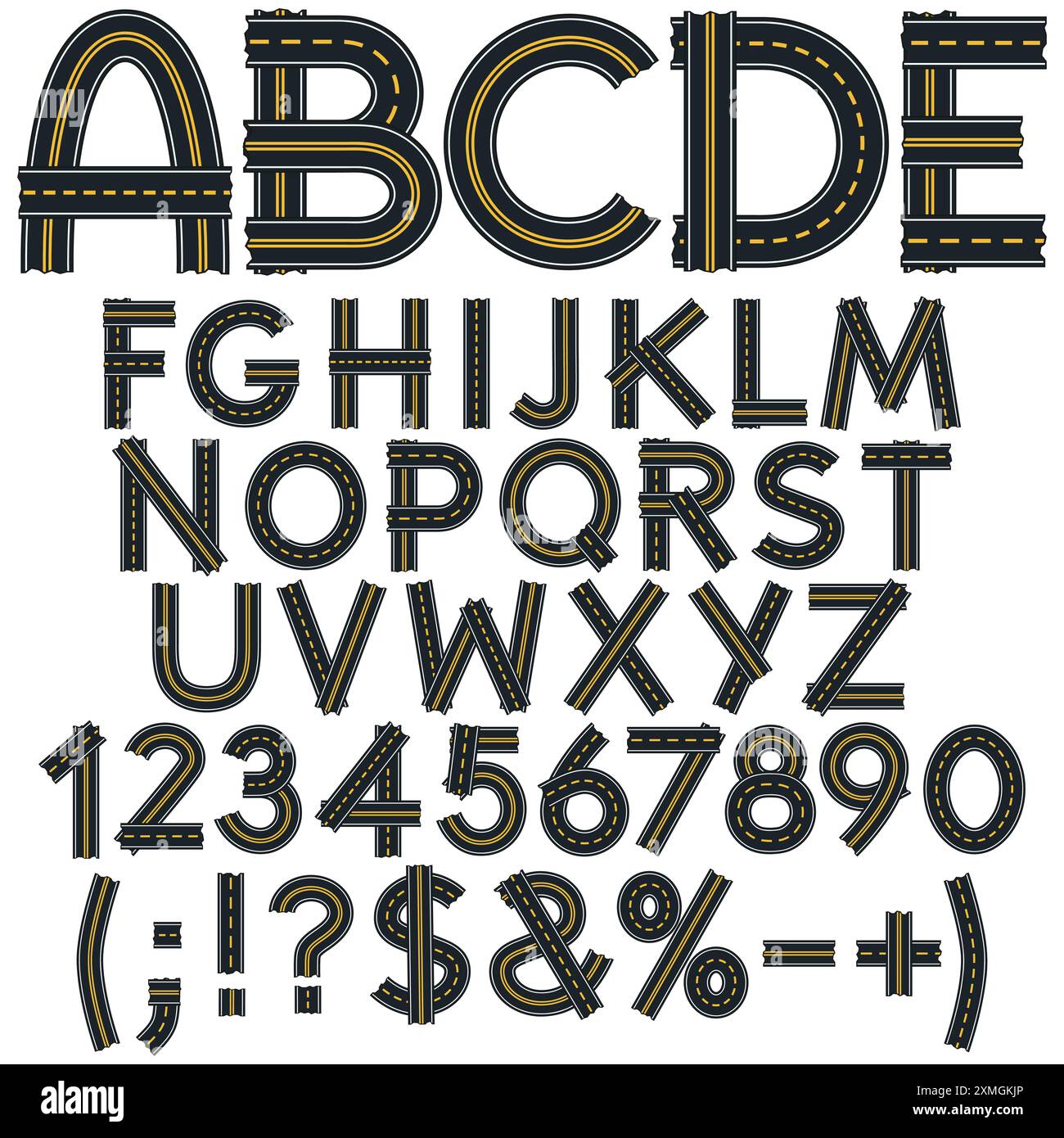Alphabet, lettres, chiffres et signes de la surface de la route, route. Objets vectoriels isolés sur fond blanc. Illustration de Vecteur